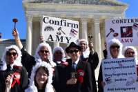 The group of singers will wear judge's white wigs, judge robes and sunglasses, as well as hold signs and wave gavels to assist lead singer 14-year-old Nick Liberty. They will be singing to the tune of "Secret Agent Man" from 1966, the group has different words for the song and their own refrain:

Amy Coney Barrett
Amy Coney Barrett
They're giving us a justice
And taking away the shame
#confirmamy 